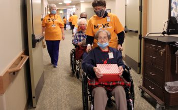 BVMs Mary McElmeel and Rosemary Surby are escorted to their new rooms at Mount Carmel Bluff.