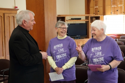 Pictured from left: Monsignor Tom Toale, BVMs Helen Marie (Edith) Wolkerstorfer, and Judith (Eugene Mary) Callahan.